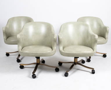 (4) NICOS ZOGRAPHOS FAUX-SHAGREEN BUCKET CHAIRS: Set of (4) Late 20th Century bucket-seat chairs with iconic "Alpha" swivel/rolling bases, designed by Nicos Zographos. Finished in faux shagreen printed vinyl with brushed bronze-tone bases. Signed Zo