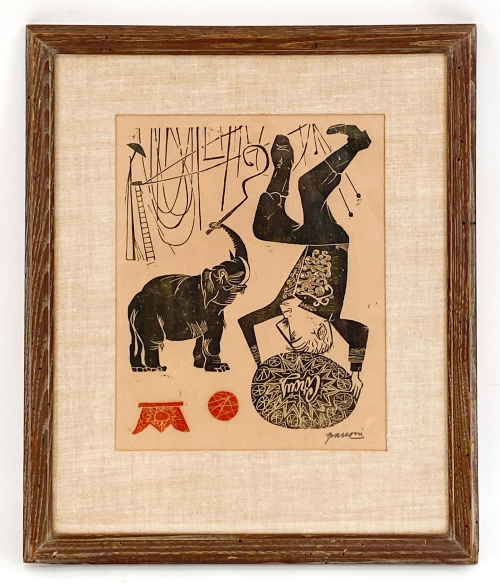 ANTONIO FRASCONI (1919-2013) WOODBLOCK: Circus themed woodblock in black and red. Pencil signed lower right. In period frame. Dimensions: (Frame) H 20" x W 17", (Sight) H 12" x W 10" Condition: Age toning to paper. A few nicks to the frame.