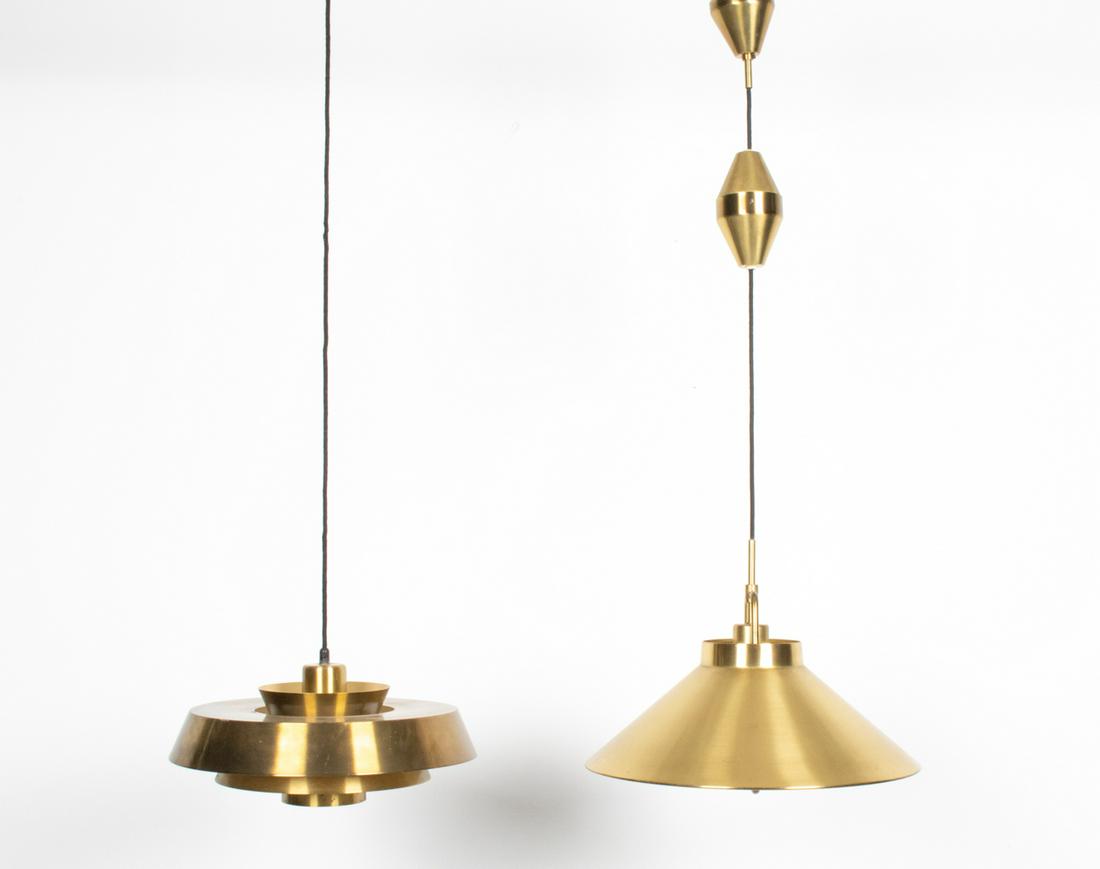 (2) DANISH MODERN BRASS PENDANT LIGHTS: Two great Danish Modern pendant lights. (1) vintage brass pendant light by Fritz Schlegel for Lyfa c.1970s. (1) Nova pendant light by Jo Hammerborg for Fog & Morup c. 1960s. Dimensions: (Largest penda