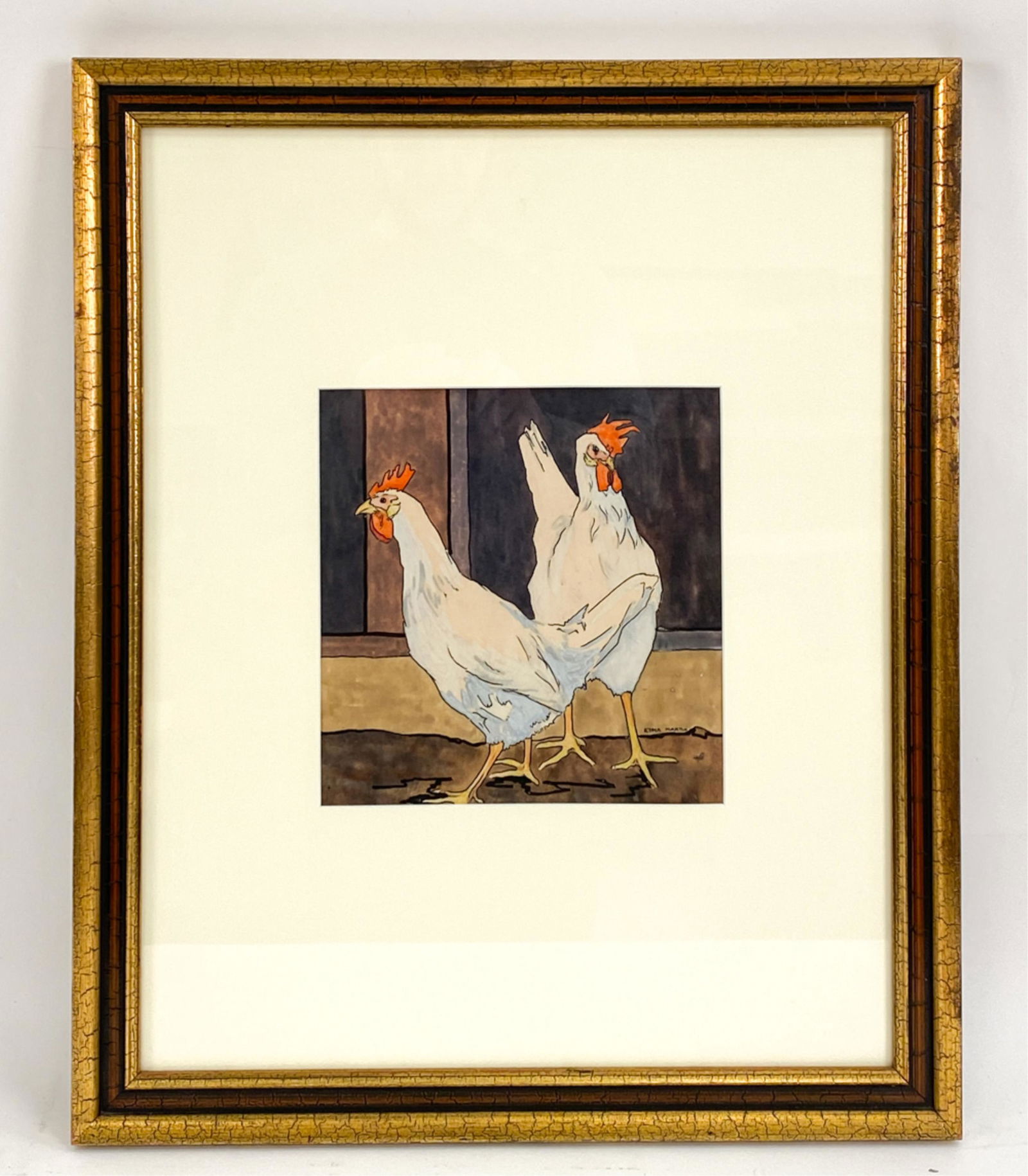 EDNA MARTIN (1896-1996) GOUACHE: Gouache of two chickens with ink. Signed lower right. Dimensions: (Frame) H 22" x W 18", (Sight) H 8.5" x W 8.5" Condition: Slightly wavy in frame. Couple small marks.