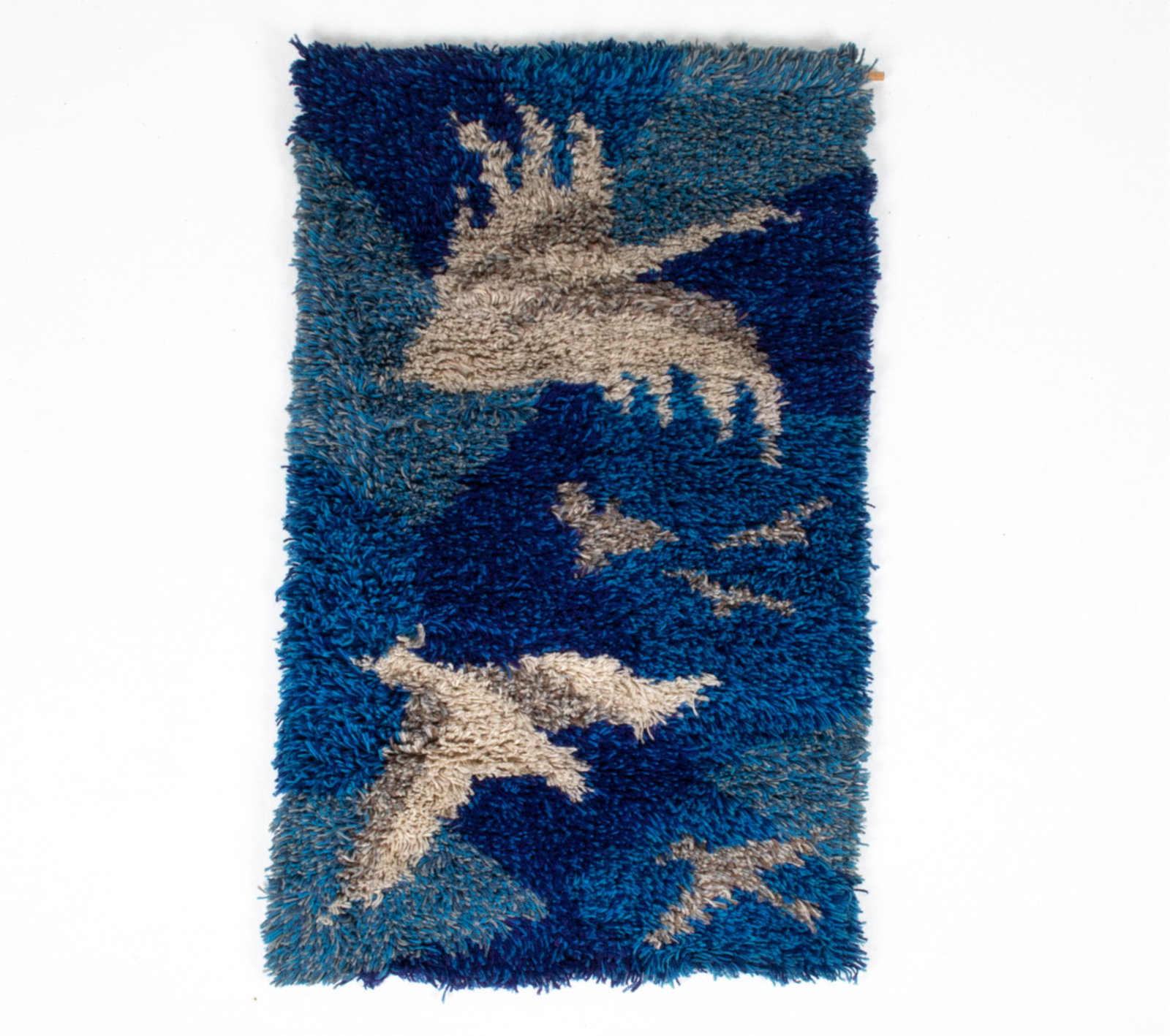MID-CENTURY RYA TAPESTRY; BIRDS IN FLIGHT: Dimensions: H 37" x W 22.5" Condition: A few small pulls/frays to yarn; overall light wear consistent with age and use.