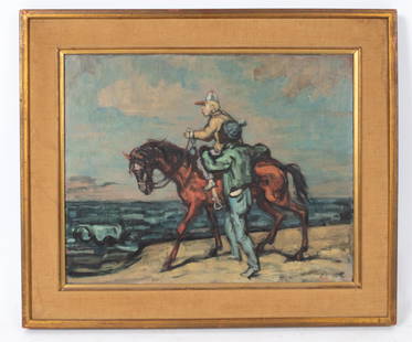 PHILIP REISMAN (1904-1992) O/B: Oil on board. Signed lower right. Signed, dated 1963, titled "Small Boy on a Horse" verso. Dimensions: (Frame) H 22" x W 26", (Board) H 16.25" x W 20.25" Condition: Painting unvarnished. Some surface