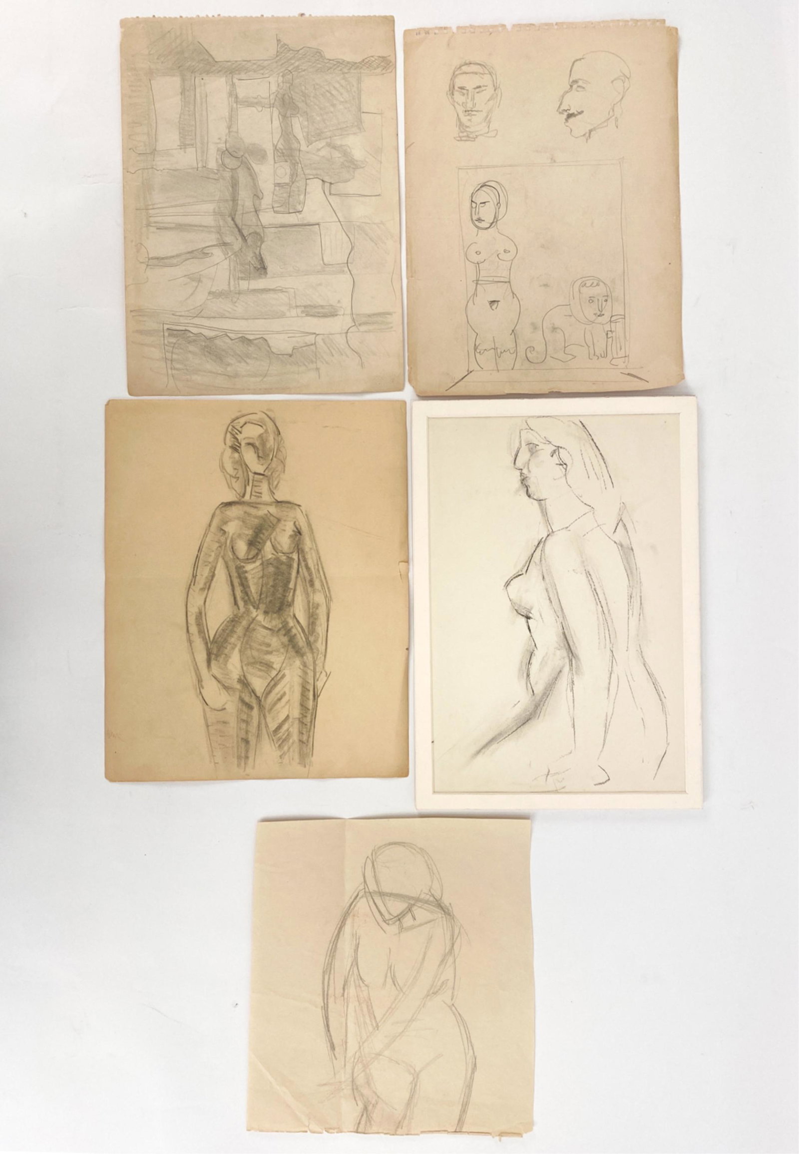 (5) ATTR. WILLIAM ZORACH (1887-1966) DRAWINGS: Grouping of five unsigned drawings, one has been matted. All from the collection of Helene Blum. Comes with a file folder from Helene Blum's estate, with "Zorach" hand-written on it; another one stati
