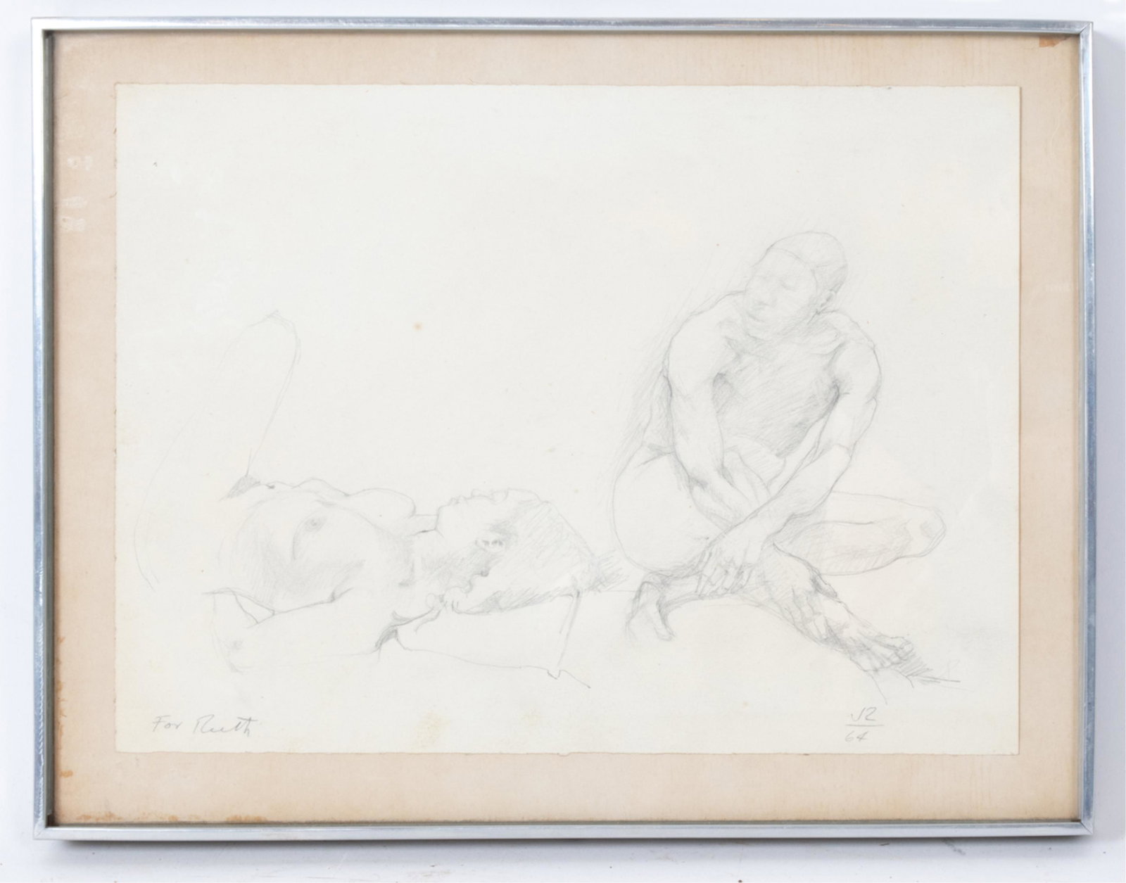 JACK TWORKOV (1900-1982) PENCIL DRAWING: Pencil drawing of male and female nudes. Inscribed "For Ruth" lower left. Initialed and dated '64 lower right. No visible signature. Dimensions: (Frame) H 11.75" x W 15.25", (Paper) H 9.5" x W 13"Cond