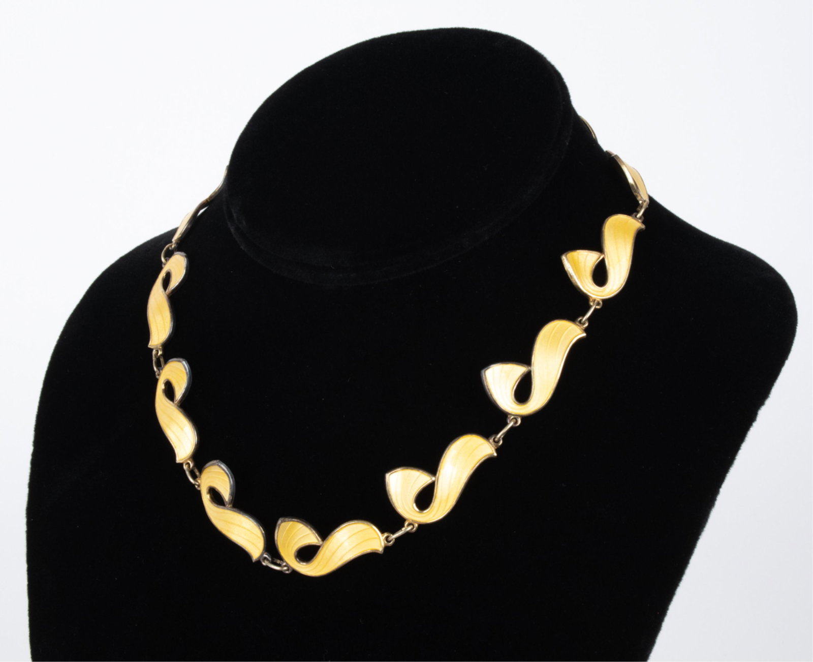 IVAR HOLTH NORWAY RETRO SILVER & ENAMEL NECKLACE: Norwegian Retro choker-length necklace by Ivar T. Holth in gold-washed sterling silver and yellow guilloche enamel, with abstracted ribbon motif. Signed and hallmarked on last link, stamped Sterling o