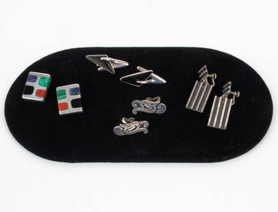 (4) PAIRS MEXICAN MODERNIST STERLING EARRINGS: Including: ear clips with obsidian signed Sigi Pineda; ear clips with mixed stones including malachite and onyx, signed Antonio Hdez; and various others. Dimensions: (Largest, drop earrings) H 1.75" x