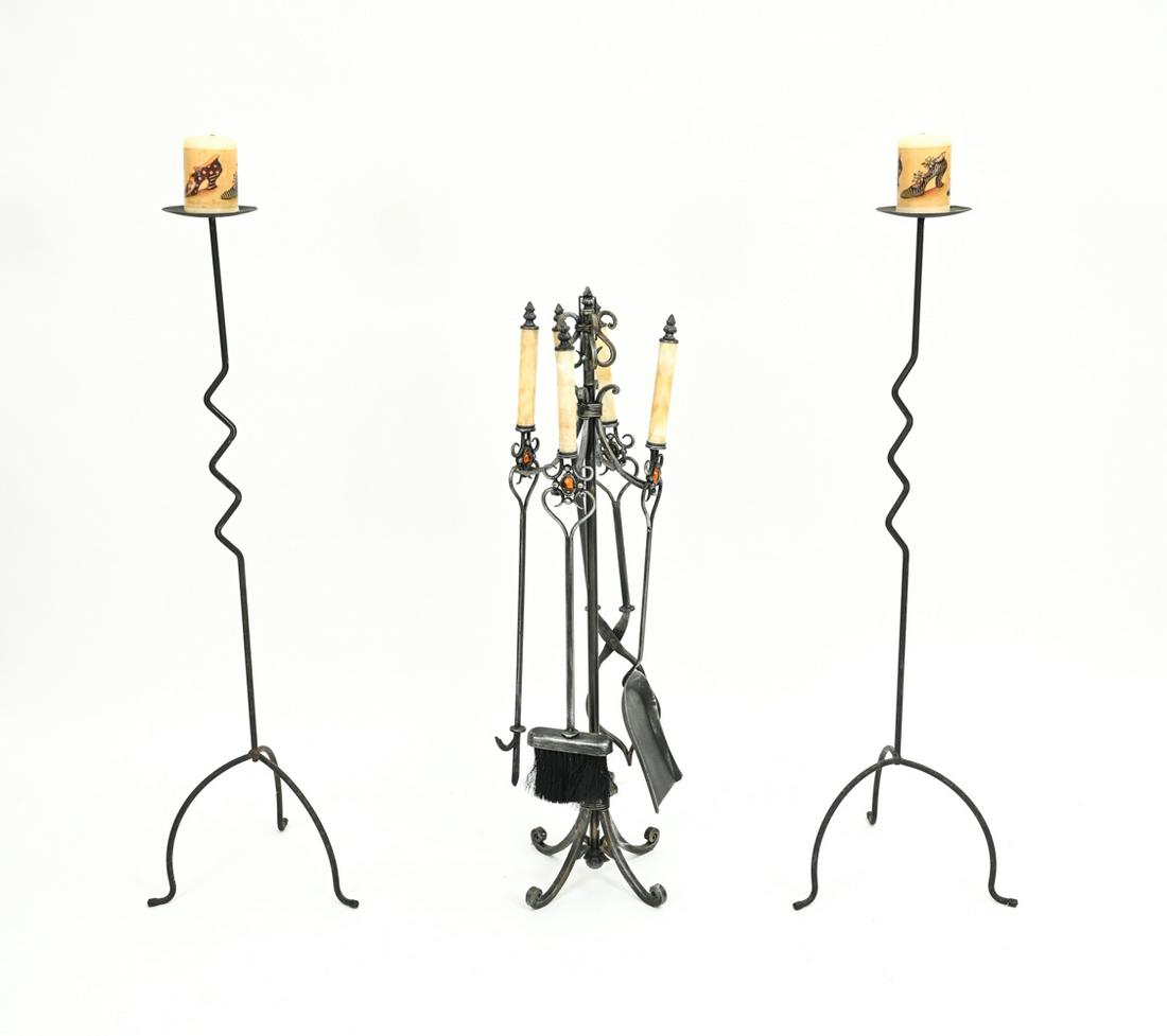 (2) WROUGHT IRON FLOOR CANDLE HOLDERS & FIRE TOOLS (1 of 11)