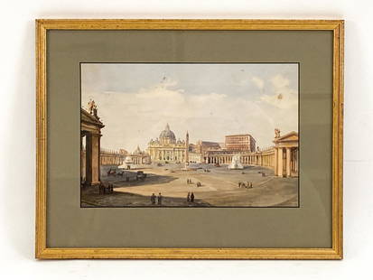 ATTR. IPPOLITO CAFFI, ITALIAN (1809-1866) W/C: Finely detailed watercolor of St. Peter's Square, with figures. Appears unsigned. Unexamined out of frame. Dimensions: (Frame) H 13.25" x W 17", (Sight) H 8" x W 12" Condition: Some spots to the sky,