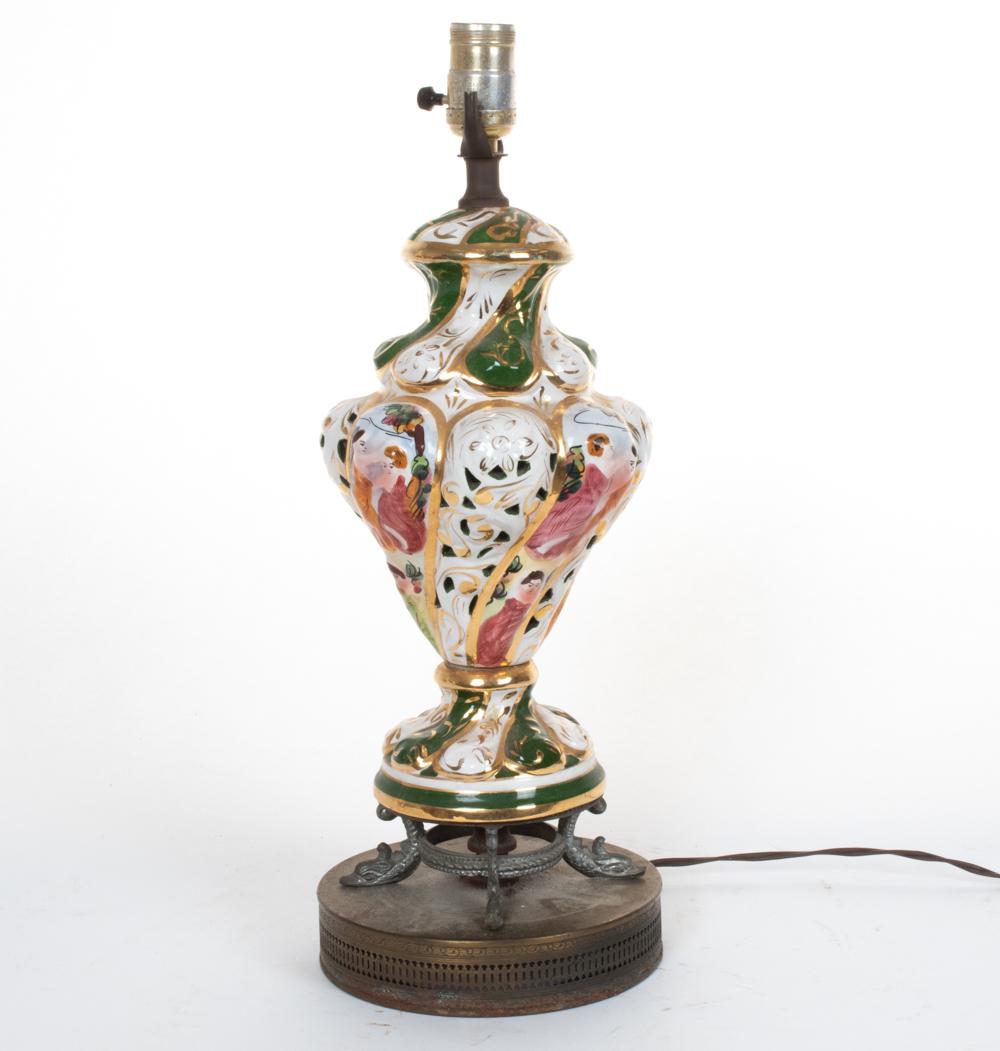 VINTAGE CAPODIMONTE-STYLE VASE, AS LAMP: Vase with swirling three-dimensional form. Double pedestal. Dimensions: H 19.5" x Dia 7.25" Condition: Untested. Mounts with some discoloration.