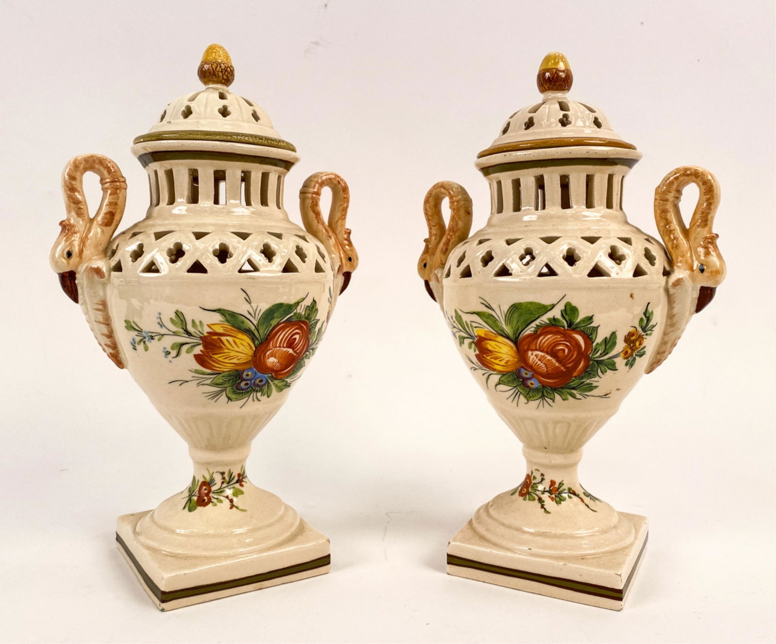 PAIR OF ITALIAN RETICULATED FLAMINGO HANDLED URNS (1 of 14)