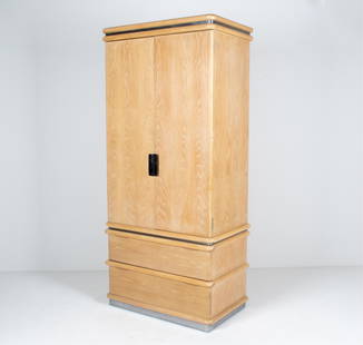 JAY SPECTRE FOR CENTURY FURNITURE OAK ARMOIRE: Cerused oak with brushed metal trim and polished metal door handles. Two-piece construction. Signed Jay Spectre Century on plaque inside drawer, c. Late 20th Century. Dimensions: H 82" x W 38" x D 22"