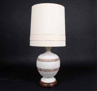 MID-CENTURY OVERSIZED CRACKLE GLAZE POTTERY LAMP: Apparently unsigned; possibly Nardini Studio or Urbano Zaccagnini. Shade appears to be original. Dimensions: (With shade) H 46.5" x Dia. 21.5" Condition: Wiring not tested. Lamp slightly offset on bas