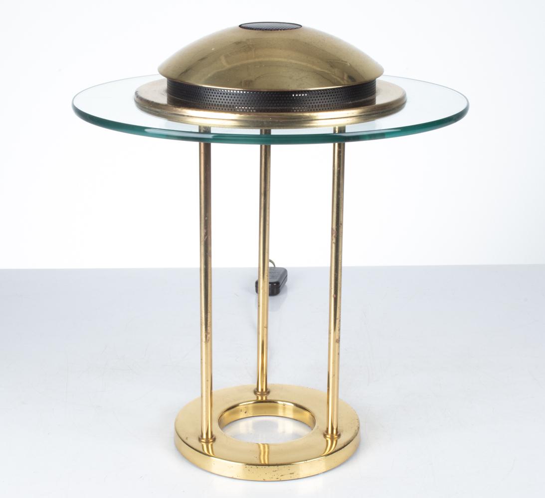 ROBERT SONNEMAN FOR GEORGE KOVACS SATURN LAMP: Brass and tempered glass, c. 1980's. Dimensions: H 18" x Dia. 16" Condition: Wiring not tested. Brass with a few scuffs and small areas of pitting and minor finish loss. Wear consistent with age and u