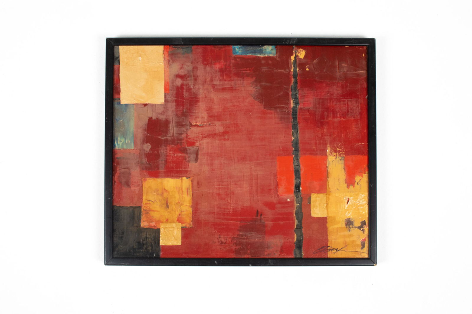 ABSTRACT MIXED MEDIA, SIGNED: Abstract composition with oil paint, collage and gold leaf, signed indistinctly lower right and verso. Dimensions: (Frame) H 21.5" x W 25.5"; (Painting) H 19.5" x W 23" Condition: Painting with heavy