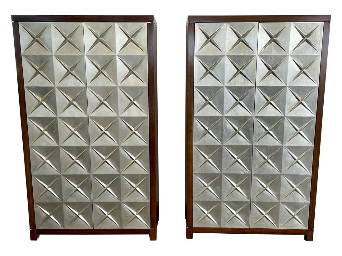 PAIR BOLIER & CO. ATELIER CABINETS, SILVER FACADE: A pair of beautifully crafted and designed wood Atelier Cabinets by Bolier & Company with gold tone doors featuring an “X” pattern design. Unique and very chic, a show stopper in any room. Luxury 