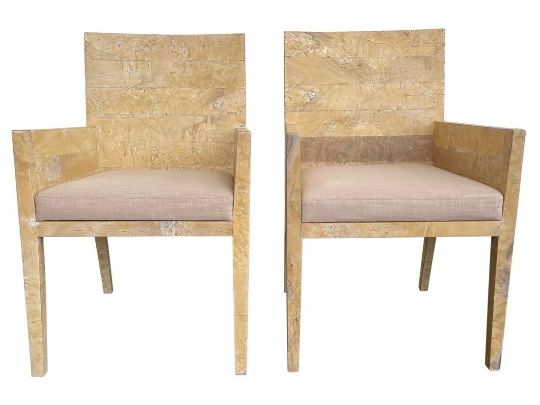 PAIR TARACEA BURLED WOOD PANELED CHAIRS: Originally purchased for $2870. Showroom samples. Note: one chair has a darker strip/section on back panel (see photos). Taracea Cream Burled Wood Paneled Chairs with Tan Linen Upholstery. Dimensions: