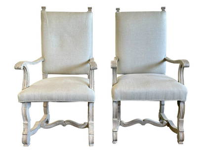 NIERMANN WEEKS FRENCH LOUIS XIII-STYLE ARMCHAIRS: Beautiful pair of high-back armchairs by Niermann Weeks with carved solid wood frames and in a distressed grey painted finish with linen upholstery. Niermann Weeks fuses concepts from antiques and mod