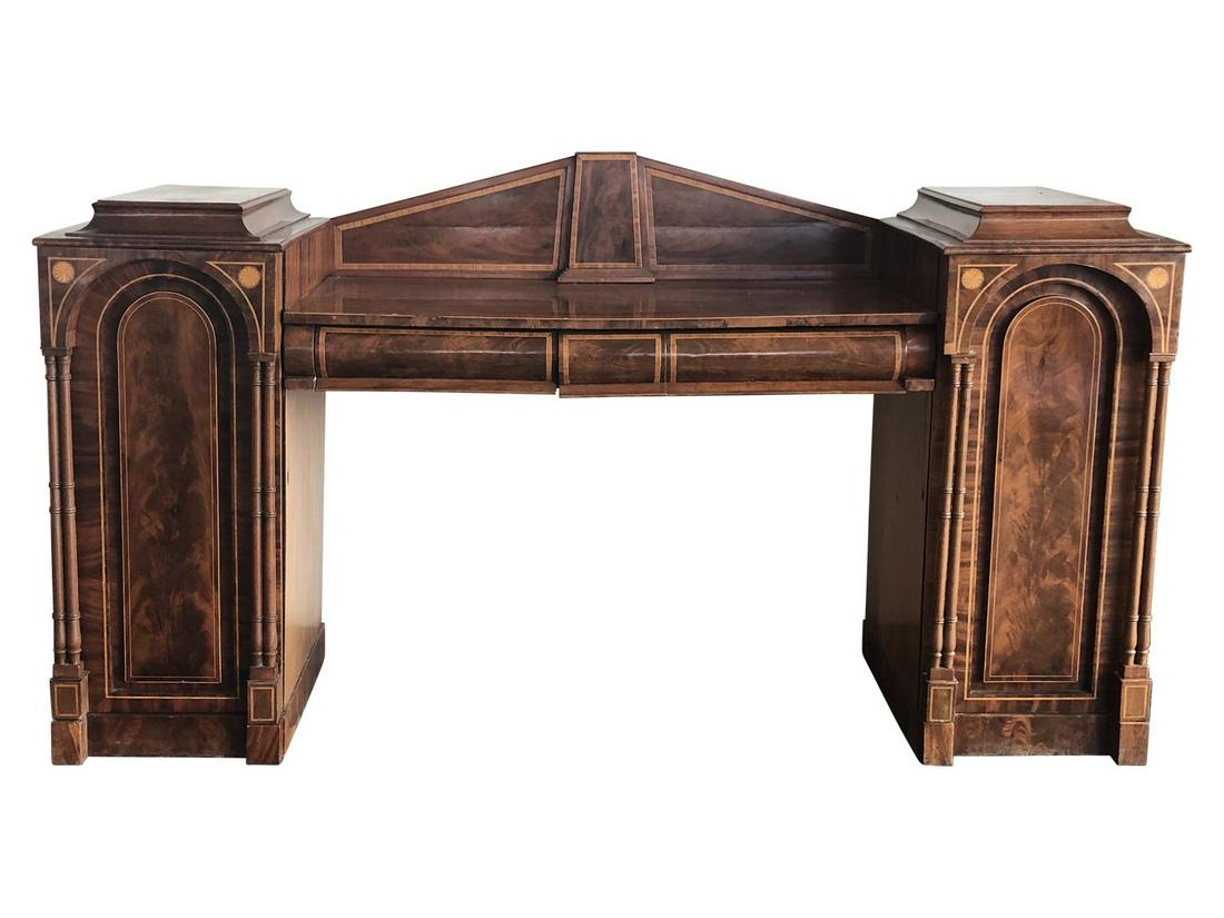 WILLIAM IV STYLE BURL PEDESTAL SIDEBOARD: Dimensions: H 45.5" x W 82" x D 24" Condition: Drawer is loose at center. Wear consistent with age and use. SKU: TLV463002