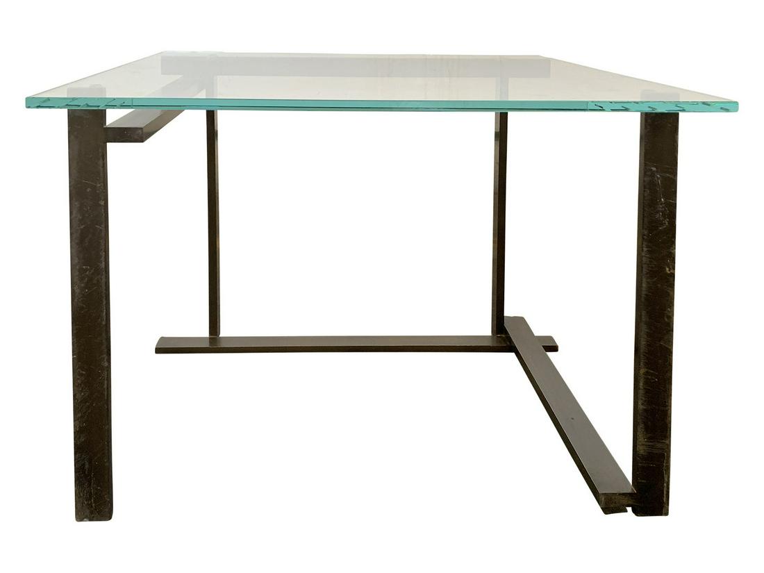 GLASS SIDE TABLE W/ ASYMMETRICAL METAL BASE (1 of 6)