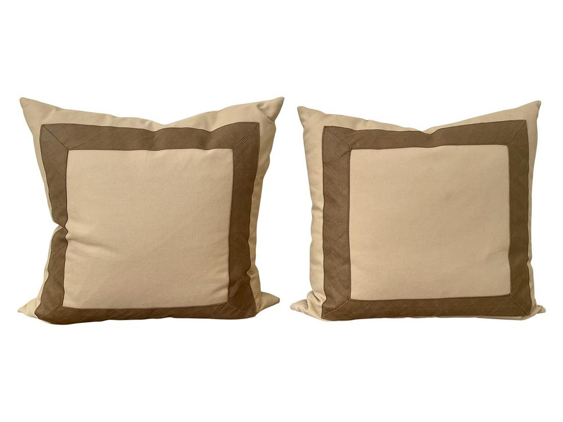 PAIR RAY FOREHAND BEIGE & BROWN BORDERED PILLOWS: A lovely pair of Ray Forehand 20" x 20" cream colored cotton down filled pillows, featuring a brown decorative border. Versatile for any traditional or contemporary home interior. Dimensions: H 20" x