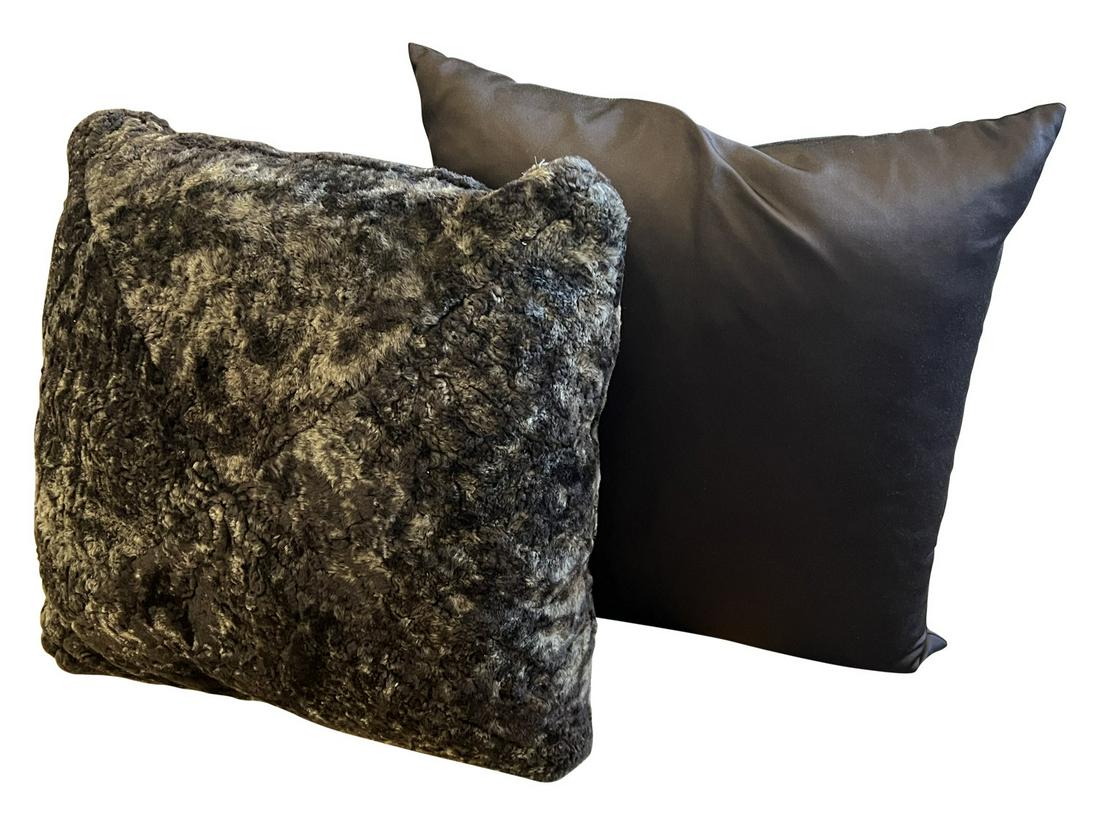 (2) CHOCOLATE BROWN FAUX FUR & SILK LARGE PILLOWS (1 of 5)