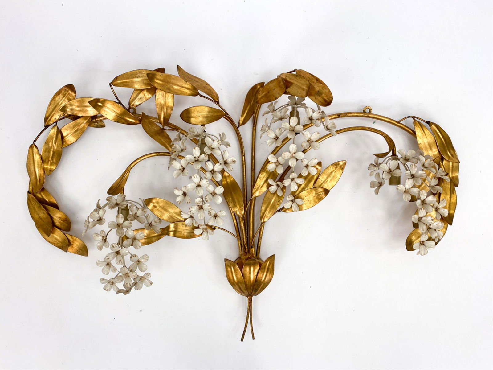 HANS KOGL GERMAN MID-CENTURY WISTERIA WALL LIGHT: Mid-century gilt tole wall light by Hans Kogl, c. 1960's. Dimensions: H 28" x W 42" x D 6" Condition: Untested; does not appear to be currently wired. Surface wear consistent with age and use.