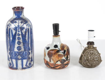 DANISH MID-CENTURY STUDIO CERAMIC GROUPING: Including a tall vase by Marianne Starck for Michael Andersen, stoneware lamp with abstract glaze by Ursula Printz Mogensen, and small lamp with molded tribal motif signed L. Hjorth. Dimensions: (Vase