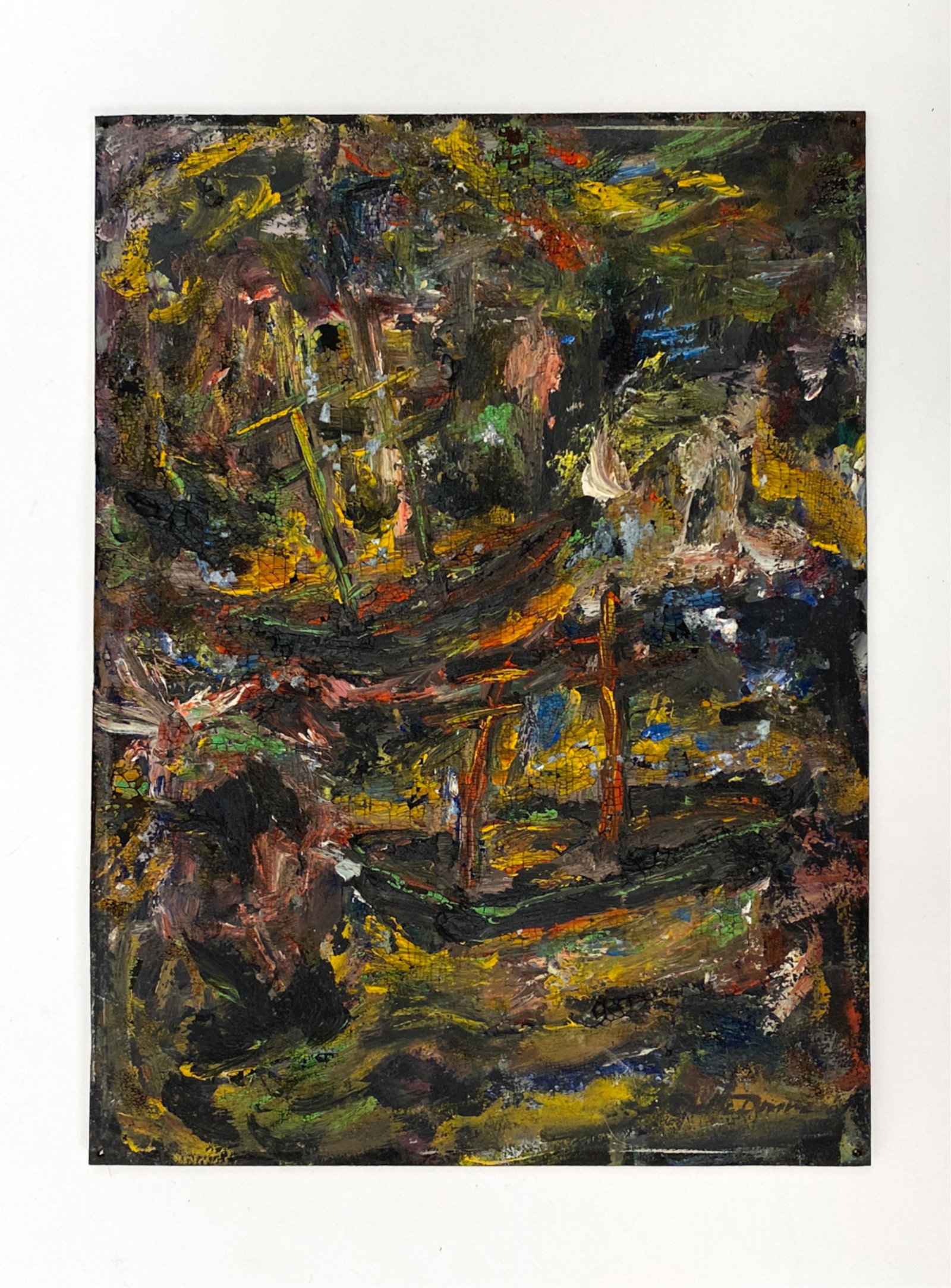 MID-CENTURY ABSTRACT OIL ON BOARD: Expressionist oil on board. Appears to be signed along left edge. Dimensions: H 8.75" x W 12" Condition: Pin holes at corners. Unvarnished.