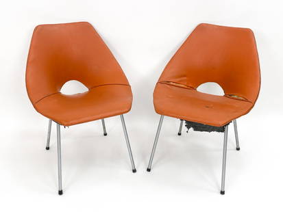 PAIR MID-CENTURY RAY KOMAI CHAIRS: (2) Vintage Modern Ray Komai upholstered dining side chairs. Feature brushed chrome legs. C. 1960. Dimensions: H 29" x W 21.5" x D 24" x SH 16.75" Condition: Surface wear, tarnish consistent with age