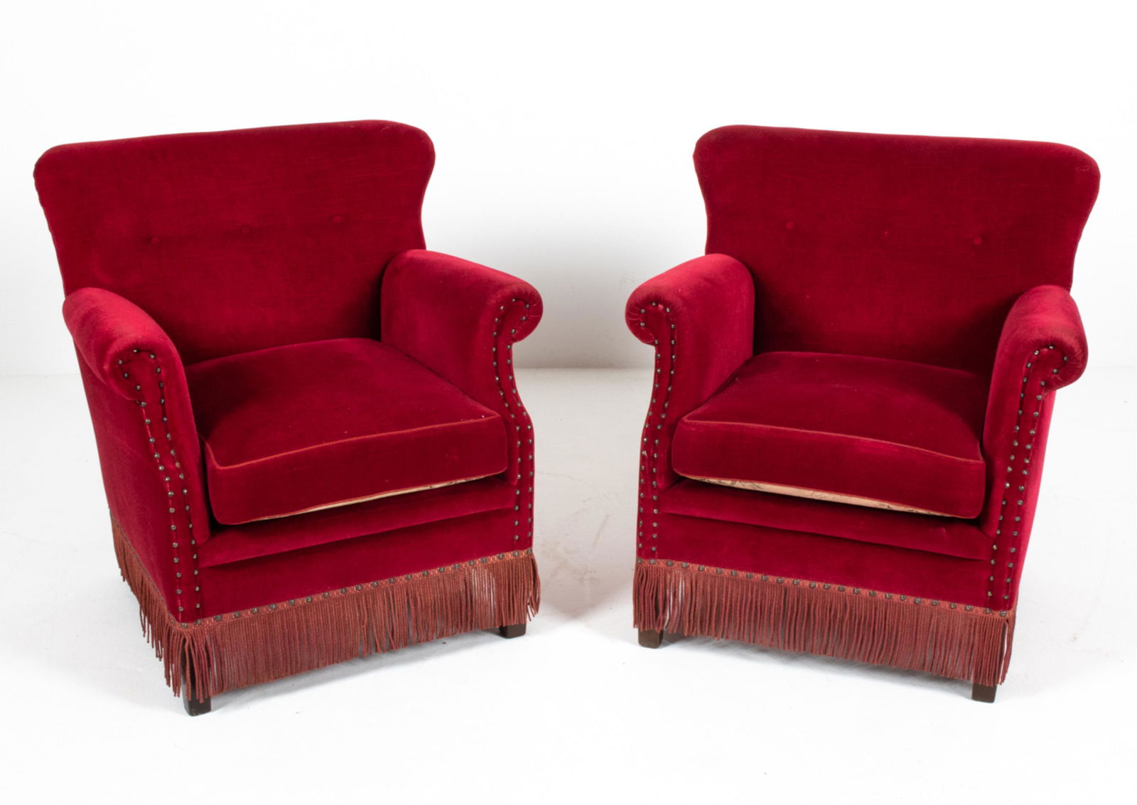 PAIR DANISH MID-CENTURY RED CHENILLE EASY CHAIRS (1 of 14)