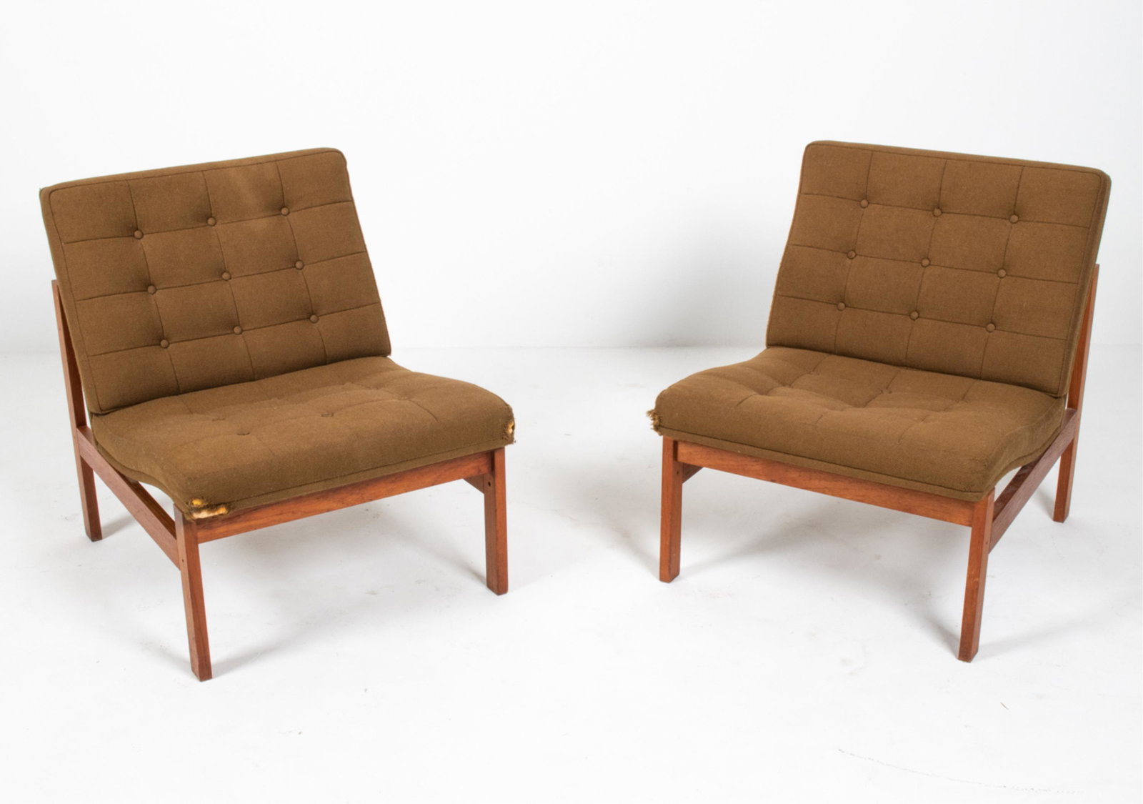(2) GJERLOV-KNUDSEN FRANCE & SON LOUNGE CHAIRS: Pair of vintage Danish Modern Ole Gjerlov-Knuden & Lind Moduline lounge chairs. Teak and upholstery. Manufactured for France & Son, Denmark circa 1970s. Cado metal tag, Made in Denmark and France & So