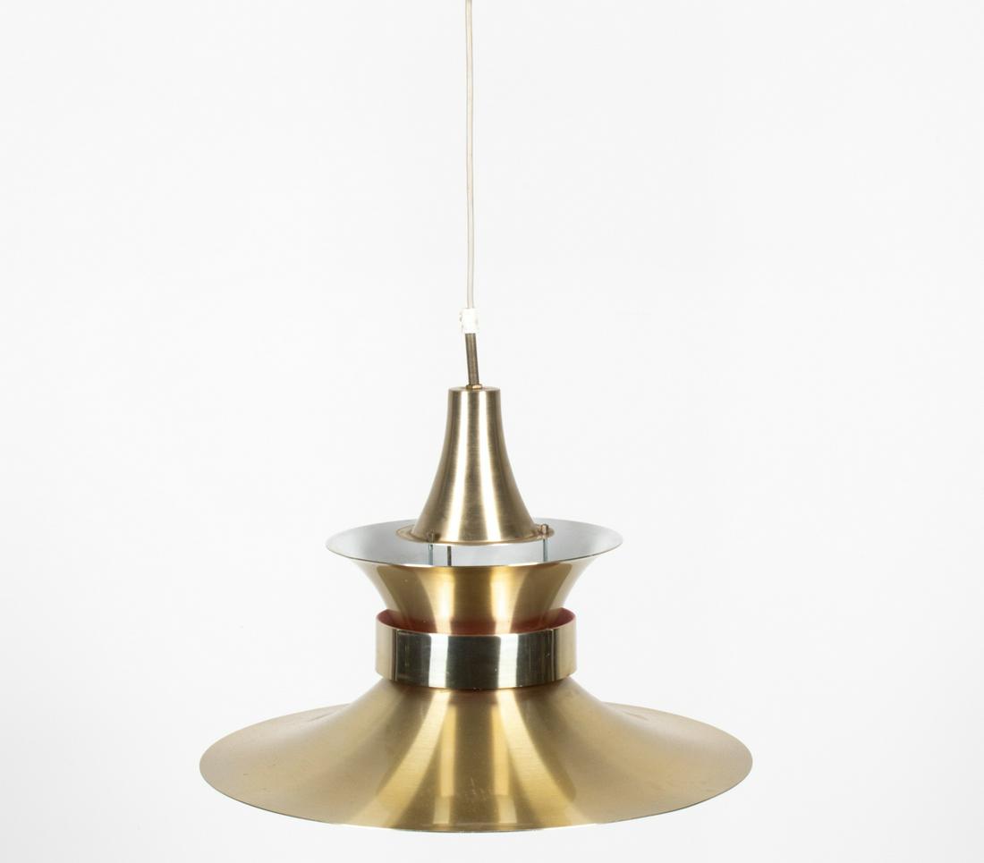 BENT NORDSTED FOR LYSKAER LARGE PENDANT LIGHT: Fabulous Danish Space Age pendant light fixture in brushed goldtone metal, with white and red interior enamel. Designed by Bent Nordsted for Lyskaer, c. 1970's. Dimensions: H 13" x Dia. 19" Condition: