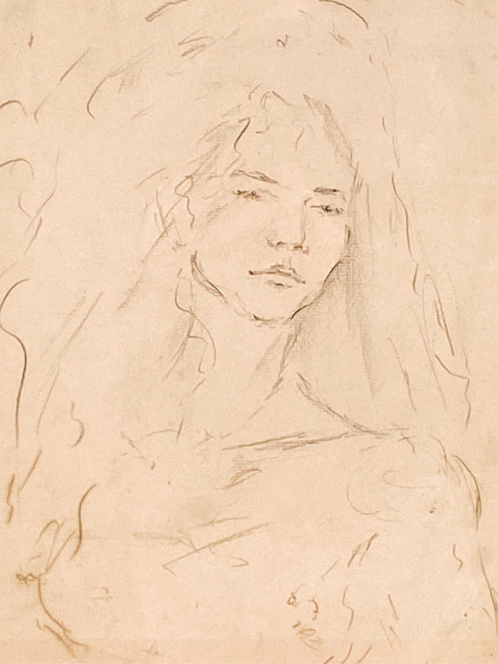 LEONOR FINI, ARGENTINA/FRANCE (1907-1996) DRAWING: Drawing in black and brown-green charcoal of a bust length nude woman. Signed lower right. Dimensions: (Frame) H 24" x W 19.5", (Sight) H 15" x W 11" Condition: Paper with shadowing right and lower ed