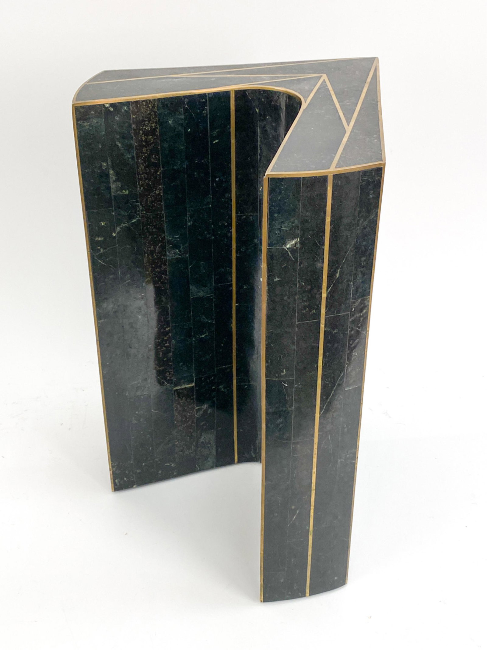 VINTAGE TESSELLATED MARBLE TABLE BASE: Vintage tessellated marble table base with brass inlay. Dimensions: H 19" x W 13" x D 13" Condition: Minor surface wear, scratches and a couple small chips consistent with age and use.