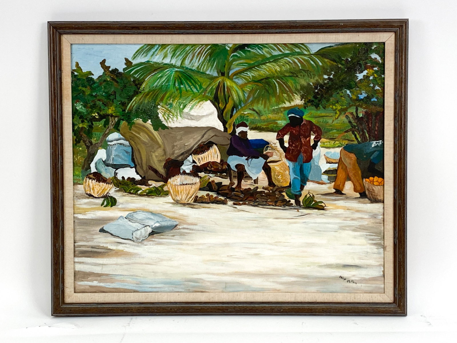 MODERN HAITIAN OIL ON CANVAS: Figures on a beach. Signed lower right: Phillip Outten. Dimensions: (Frame) H 28" x W 33.5", (Painting) H 24" x W 30" Condition: Painting unvarnished. Few surface rubs. Some marks to the frame.