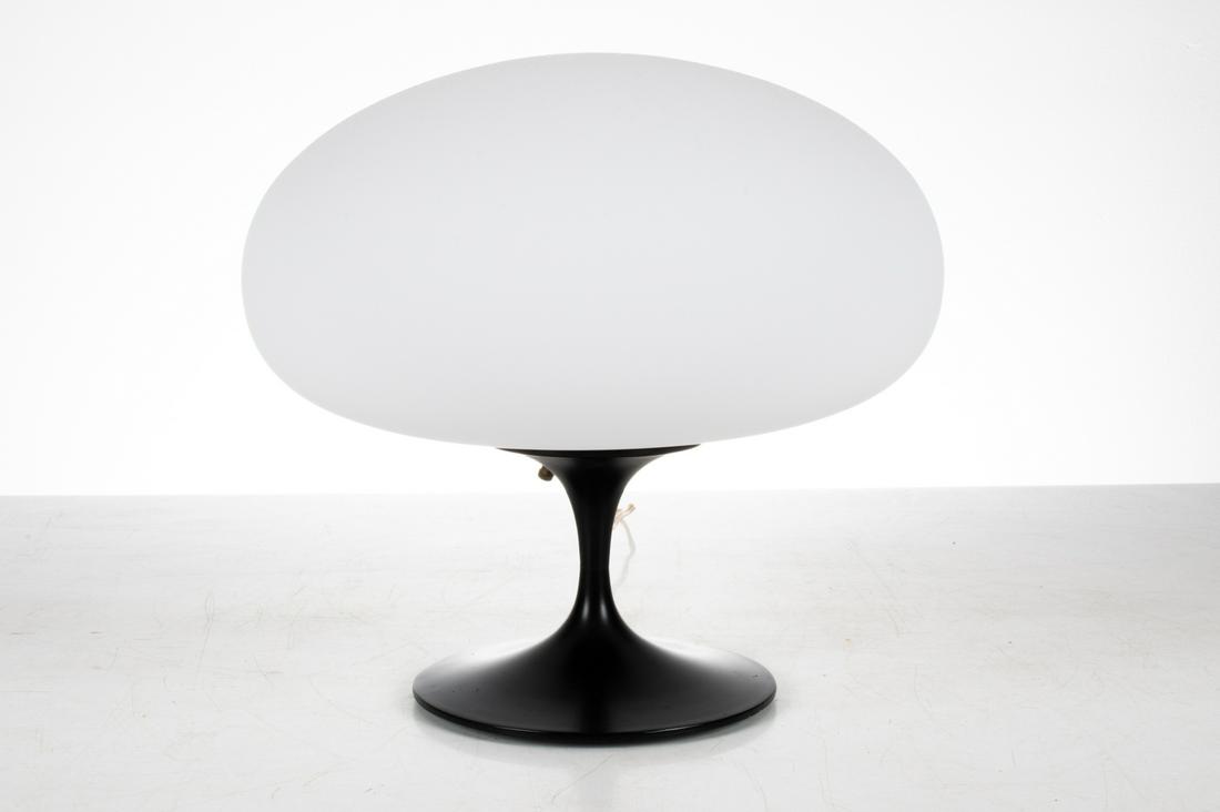 BILL CURRY FOR LAUREL MID-CENTURY MUSHROOM LAMP: Black enameled metal and white opal glass. Dimensions: H 12" x Dia. 12.5" Condition: Wiring not tested. A couple light surface scuffs. Shade possibly replaced.