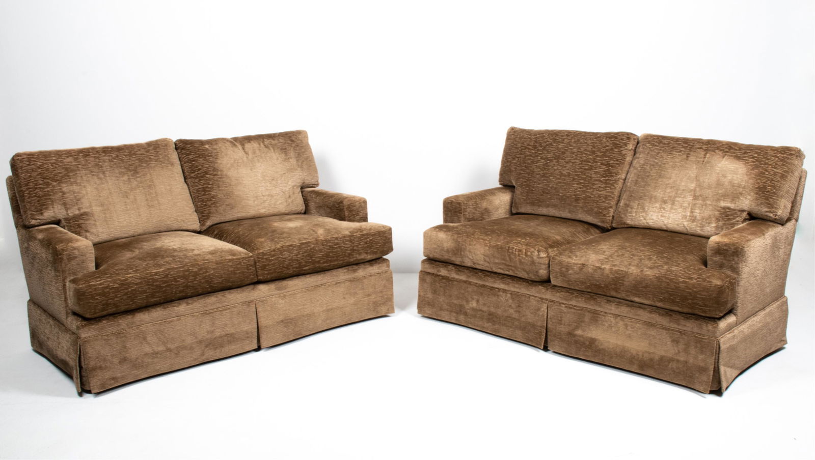 PAIR OF BAKER FURNITURE SKIRTED CHENILLE LOVESEATS (1 of 11)
