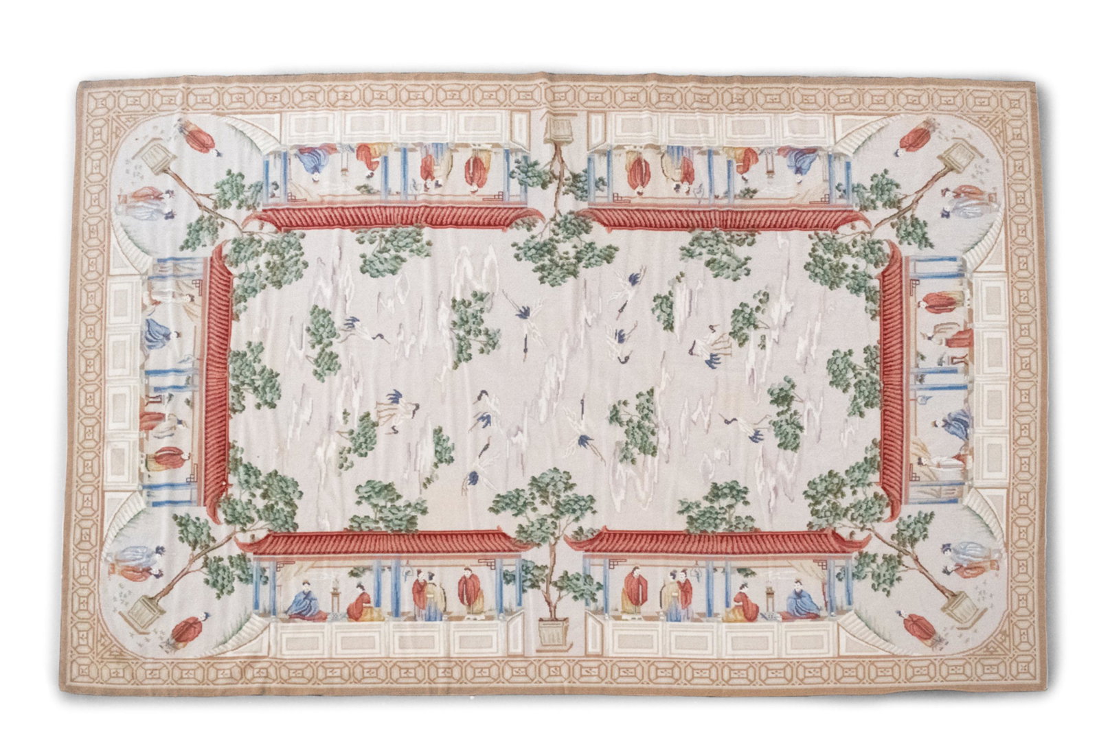 CHINOISERIE NEEDLEPOINT RUG IN THE AUBUSSON STYLE: Dimensions: L 102.5" x W 65.25" Condition: In very good vintage condition overall; very minor sun fading; a few faint spots of soiling.