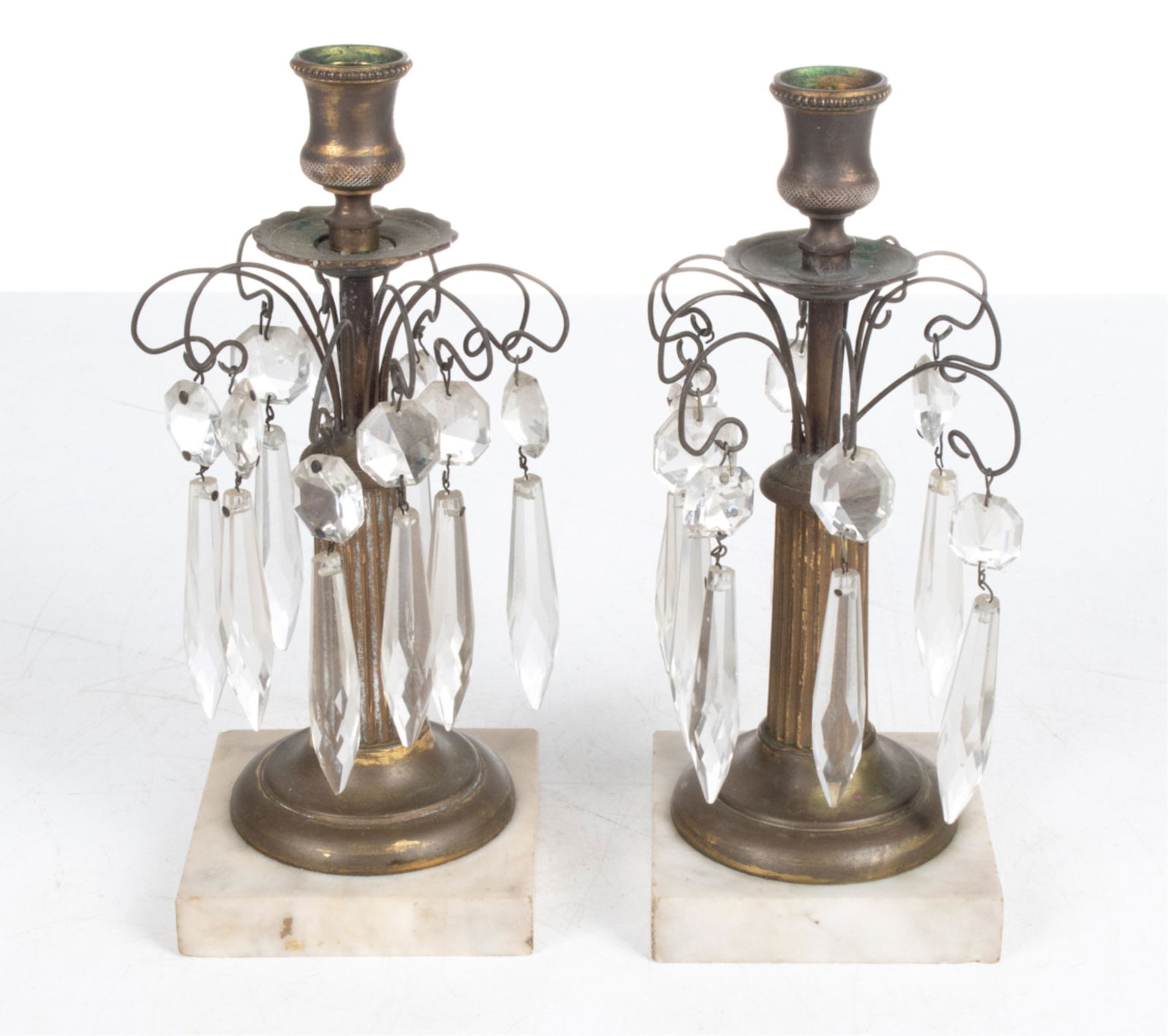 PAIR BRASS, MARBLE & CRYSTAL LUSTRE CANDLESTICKS (1 of 19)