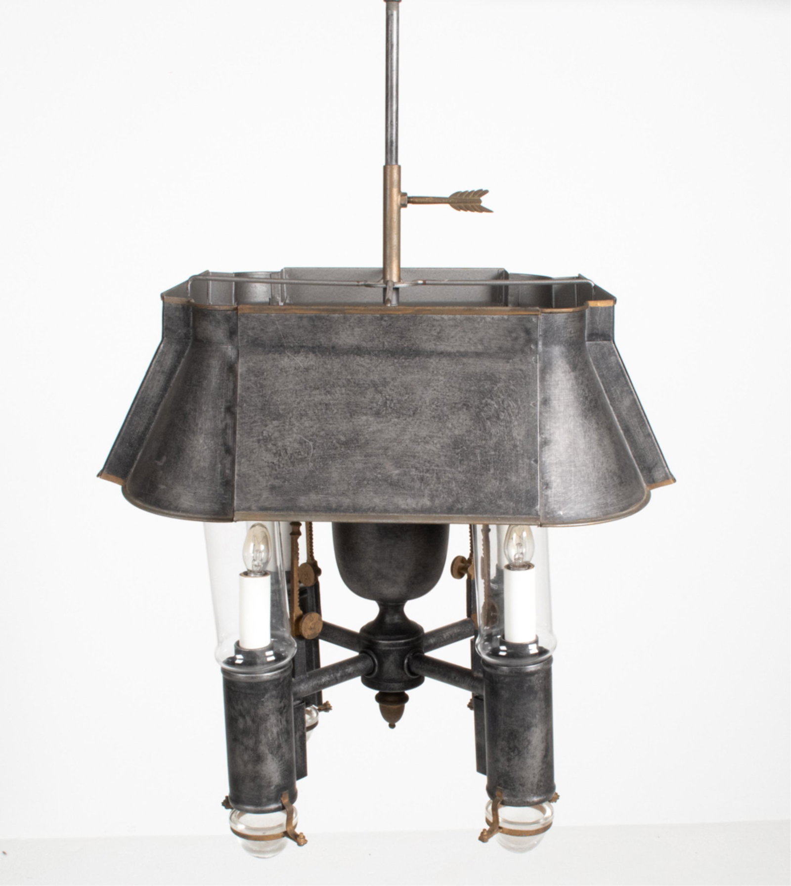 FRENCH EMPIRE STYLE TOLE CHANDELIER: Dimensions: H 20" x W 17" x D 17" Condition: Wiring not tested. Intentionally patinated finish. Bends to top shade, possible small weld repair to top of stem.
