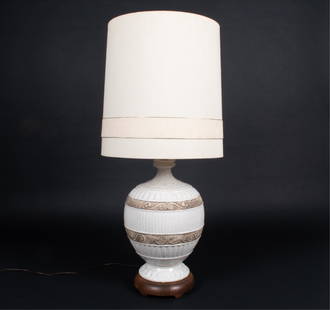 MID-CENTURY OVERSIZED CRACKLE GLAZE POTTERY LAMP: Apparently unsigned; possibly Nardini Studio or Urbano Zaccagnini. Shade appears to be original. Dimensions: (With shade) H 46.5" x Dia. 21.5" Condition: Wiring not tested. Lamp slightly offset on bas