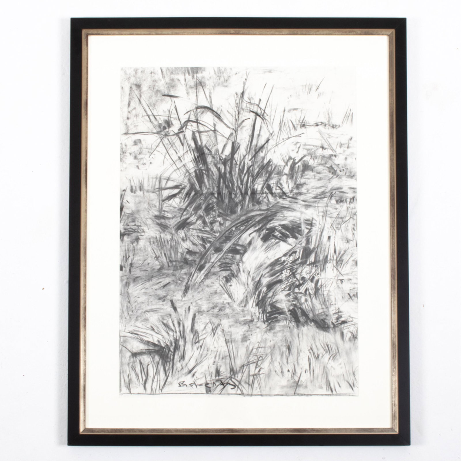 ABSTRACTED CHARCOAL NATURE STUDY: Signed indistinctly "B_" lower center-left. Dimensions: (Frame) H 36.5" x W 28.75" (Sight) H 28" x D 20" Condition: Not examined out of frame. Paper appears clean. Frame with a few rubs.