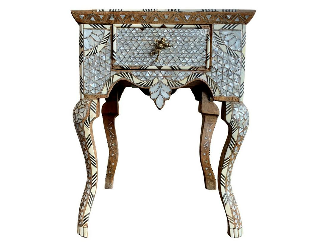 ANTIQUE SYRIAN MOTHER OF PEARL, BONE, WOOD TABLE: Antique Syrian Mother of Pearl Bone and Wood Inlay Side Table. Dimensions: H 17.5" x W 13.75" x D 13.75" Condition: Minor touch ups needed. Wear and tear consistent with age. See photos for missing mo