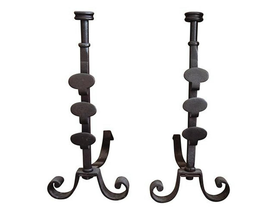 19TH C. ENGLISH WROUGHT IRON ANDIRONS: A well-propped hearth is nothing short of heartwarming! An essential component: gorgeous andirons—like this historic wrought iron duo, originals from 19th-century England. Dimensions: H 19.5" x W 20