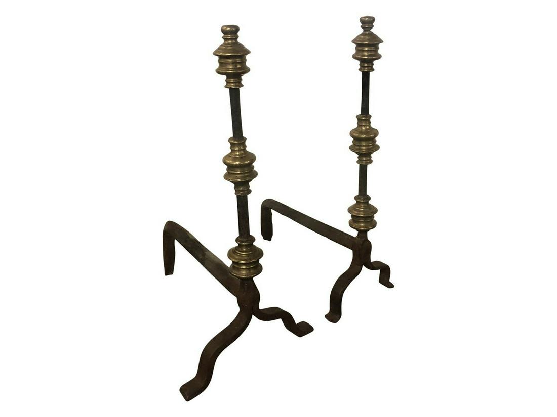 ELEGANT ANTIQUE WROUGHT IRON & BRASS ANDIRONS (1 of 5)