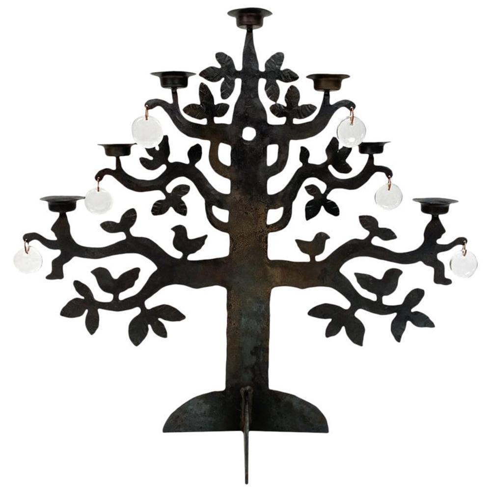 BERTIL VALLIEN FOR KOSTA BODA CANDELABRA: A rare and unusual Scandinavian modern 7-arm candelabra, designed by Bertil Vallien and produced by Kosta Boda. Deemed the "Tree of Life," this sculptural tree-form candelabra features a cut steel bod