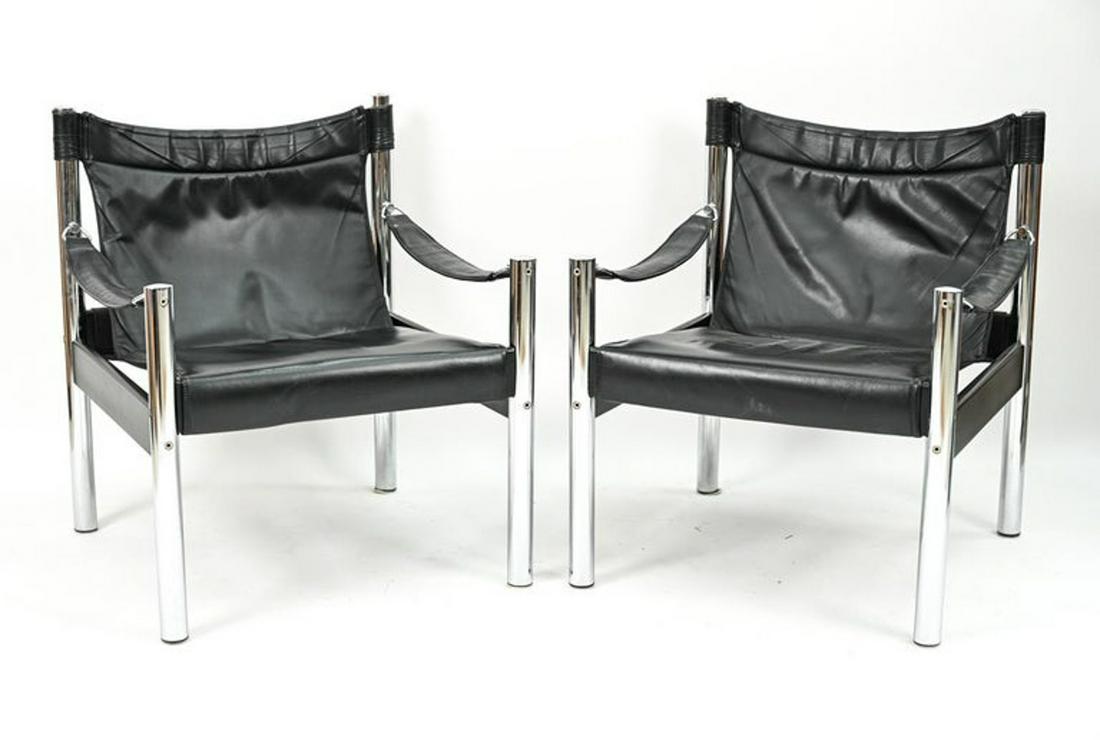 PAIR JOHANSON DESIGN LEATHER CHROME SAFARI CHAIRS (1 of 8)