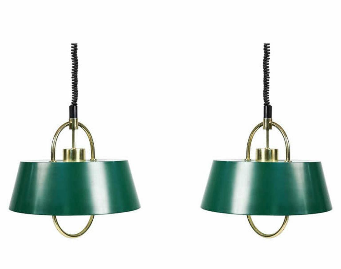 PAIR JO HAMMERBORG FOG & MORUP "HERCULES" LIGHTS: With its matte enameled shade and geometric brushed brass halo that doubles as a handle, Jo Hammerborg's "Hercules" pendant offers a playful and elegant take on the traditional industrial silhouette i