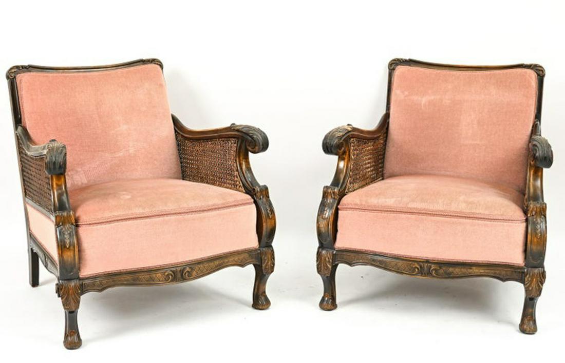PAIR FRENCH CANED BERGERE LOUNGE CHAIRS, C. 1940S (1 of 11)