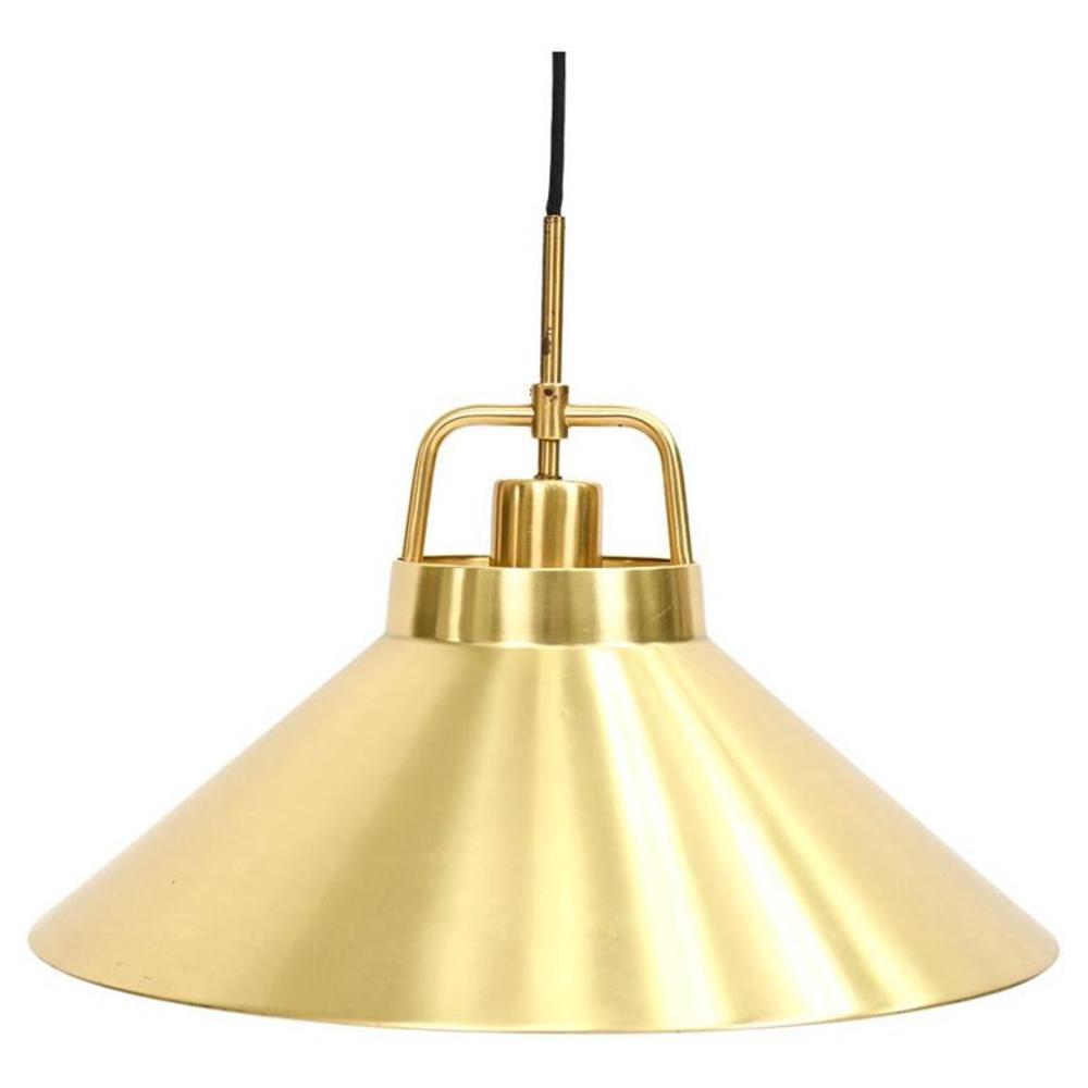 FRITS SCHLEGEL FOR LYFA BRASS PENDANT LIGHT: Danish mid-century brass pendant light designed by Frits Schlegel for Lyfa in 1963. No apparent labels. With adjustable mechanism for height of drop. Dimensions: H 14" x Dia. 18" Condition: Wear consi